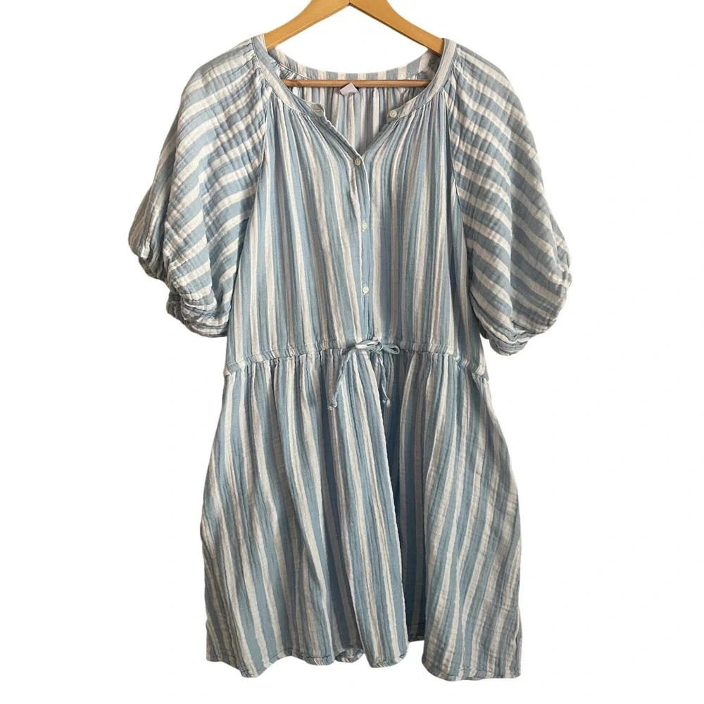 Old Navy Powder Blue Striped Gauze Cotton Puff Sleeve Button Front Dress Large - Picture 2 of 9
